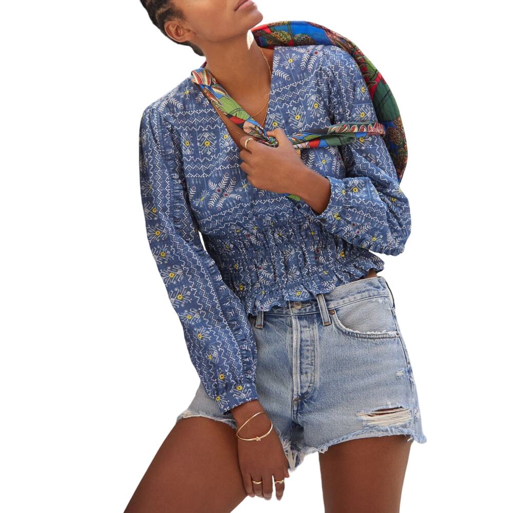 ANTHROPOLOGIE Embroidered Smocked Blouse Sleeves Top Blue Boho V-Neck Small NWT
